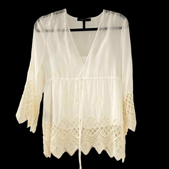 BCBG MaxAzaria White Lace Boho Top + Cami Cotton Drawstring Waist V Neck Women S - Picture 11 of 12